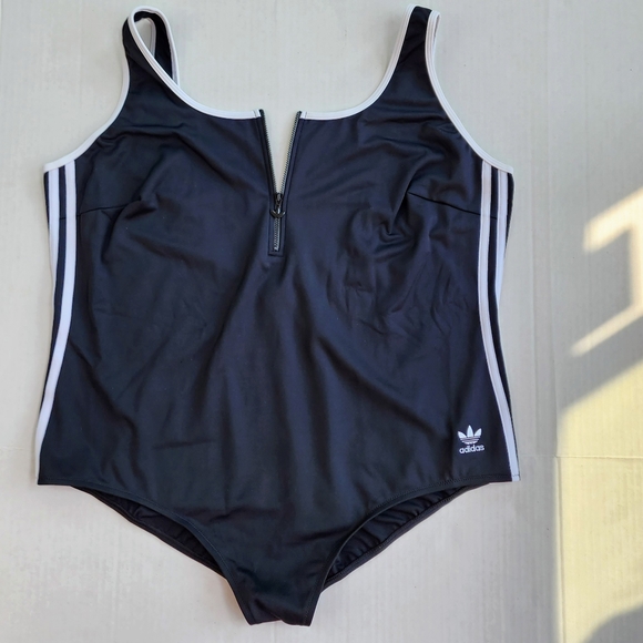 NWT Adidas Original Black White Adicolor Three Stripe Zip Up one Piece Swimsuit - Picture 2 of 8